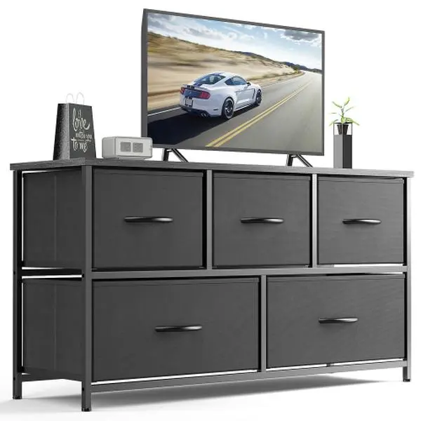 5 Drawer Fabric Dresser for Bedroom,Wood Top Storage Cabinet,TV Stand and Closet Organizer,Console Table for Living Room Bedroom