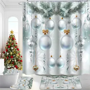 1/4 PCS Christmas Bells Shower Curtain Set with Non-Slip Rug, Gingerbread Decorations, Toilet Lid Cover and U-Shaped Mat, Winter Bathroom Decoration