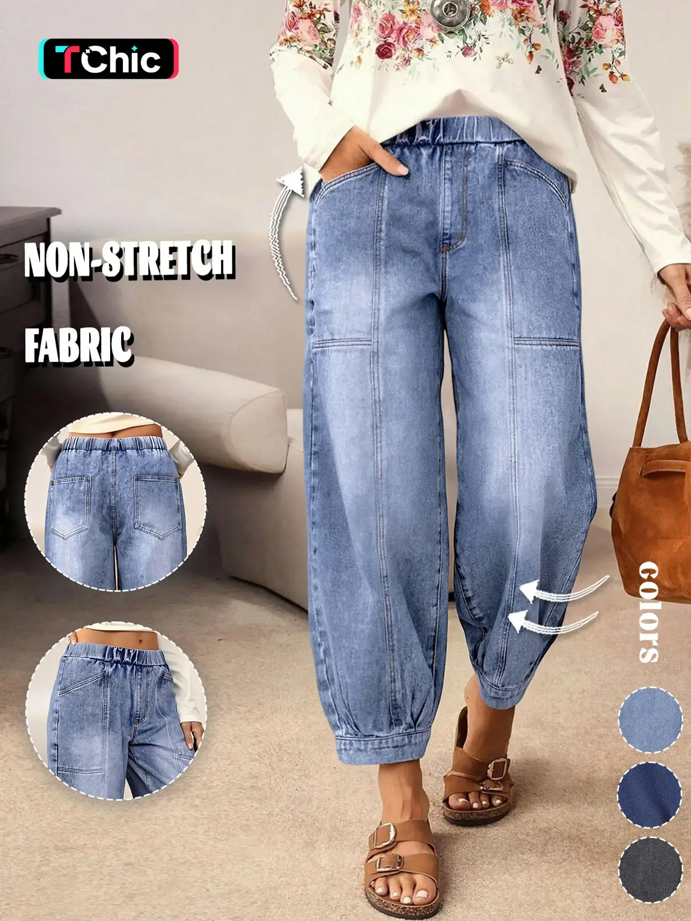 GILIPUR Women's Light Blue Washed Elastic Waist Denim Harem Pants, Casual Loose Fit Pockets Cuffed Hem Jeans, Bottoms, Vintage Wear for Daily Commute and Outdoor, Streetwear, Womenswear #TChic