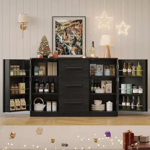 ONBRILL 47" Curved Buffet Cabinet with Storage and 3 Drawers, Large Sideboard Buffet Storage Cabinet with 2 Doors, Modern Coffee Bar Table for Dining Room, Living Room, Entryway