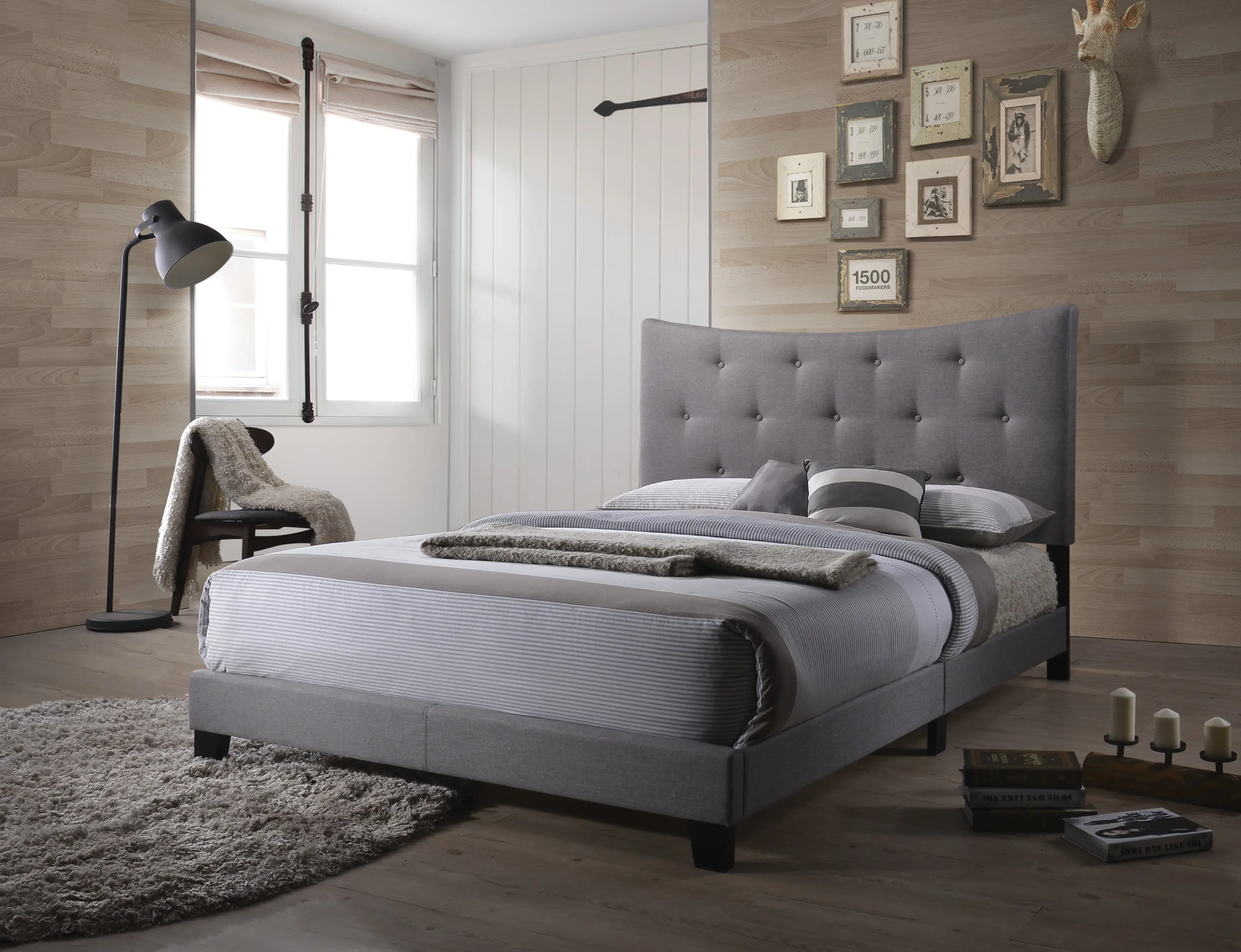 Dreamzon Classic Grey Queen Solid Panel Bed Frame, 49-Inch High Button Tufted Headboard, 85-Inch Long Rubberwood Slat Base, 4-Slat Support