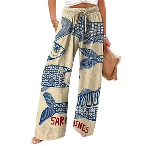 Women’s Vintage Sardine Print Wide-Leg Casual Pants – Beige Polyester, Elastic Waist with Drawstring, Pockets, Women’s Bottoms