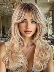 26 Inch Blonde Wig with Dark Roots, Dark Root Design, Long Wavy Hair with Bangs, Bangs Feature, Curly Texture, Fashionable Synthetic Natural Looking Material for Daily Use, High-Quality Hairstyle, Synthetic Material Wigs, Synthetic Machine Wigs