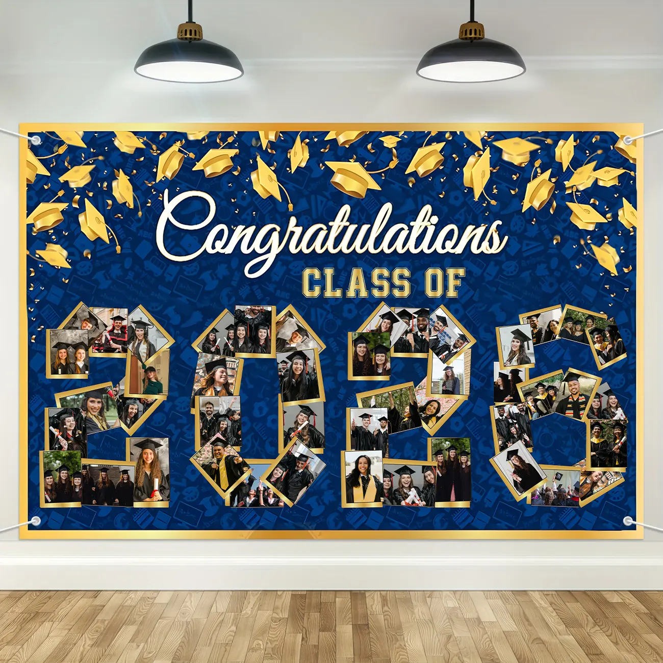Graduation 2026 Blue Gold Backdrop Celebration Party Backdrop Class Theme Background Cloth Grad Tapestry Wall Hanging Photography Background Polyester Fiber Ceremony Photo Booth Event Studio Decor Prop Wall Art