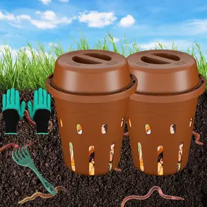 Inground Mini Underground Worm Composter for Garden Beds Outdoor Worm Compost Bin for Food Waste Vermicomposting Bin for Beginners Elderly Children 7x7x7.4Inch Tan 2-Pack