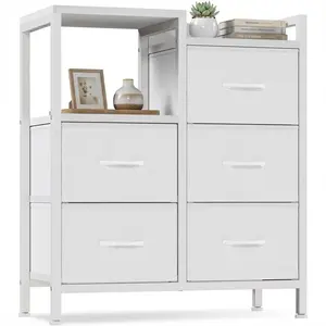 5-Drawer Mobile File Cabinet with Open Storage Shelf - Rolling Printer Stand - Fabric Lateral Filing Cabinet Fits A4 & Letter Size Files - Office Storage Organizer