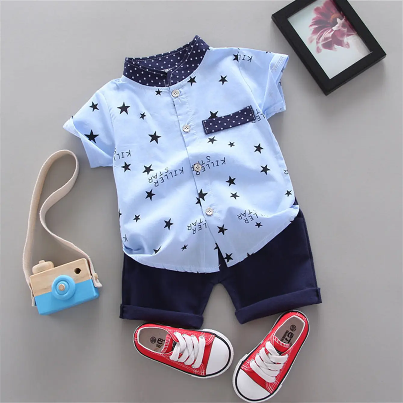 Summer boy 0-4 years old pentagram printed shirt handsome and stylish short sleeved set