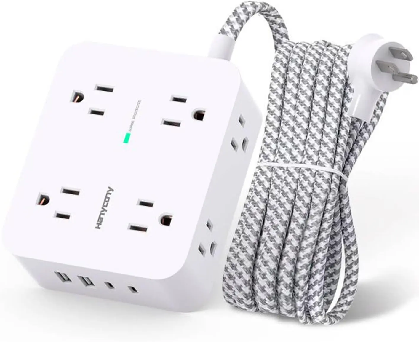 HANYCONY Surge Protector Power Strip, 1080J, 5 Ft Braided Extension Cord | 8 Outlets 4 USB Ports(2 USB C), Outlet Extender, Flat Plug, Wall Mount, Desk Charging Station, Home Office, Dorm Room ETL