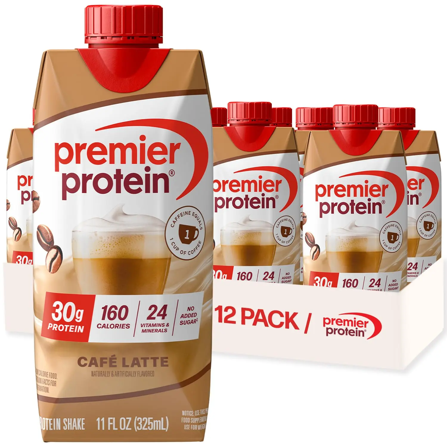 Energy 30g High Protein Shake , Café Latte, 12 Pack | Caffeinated, 160 Calories, 24 Vitamins & Minerals, No Added Sugar, Supports Muscle Health, Gluten-Free, 11 oz