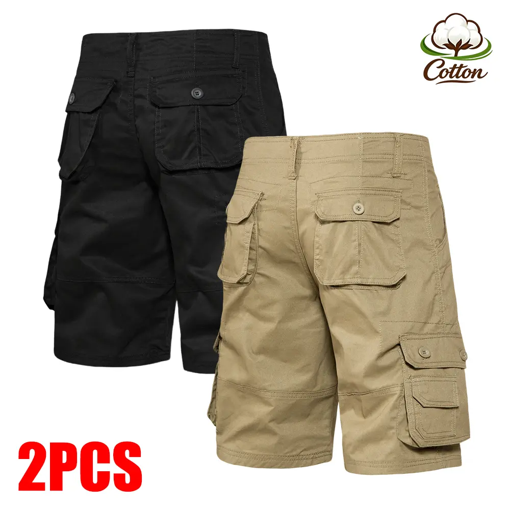 Men's 2 Pack Comfort Fit Cotton Cargo Shorts, Multi-Pocket Casual Shorts for Hiking, Work & Daily Wear
