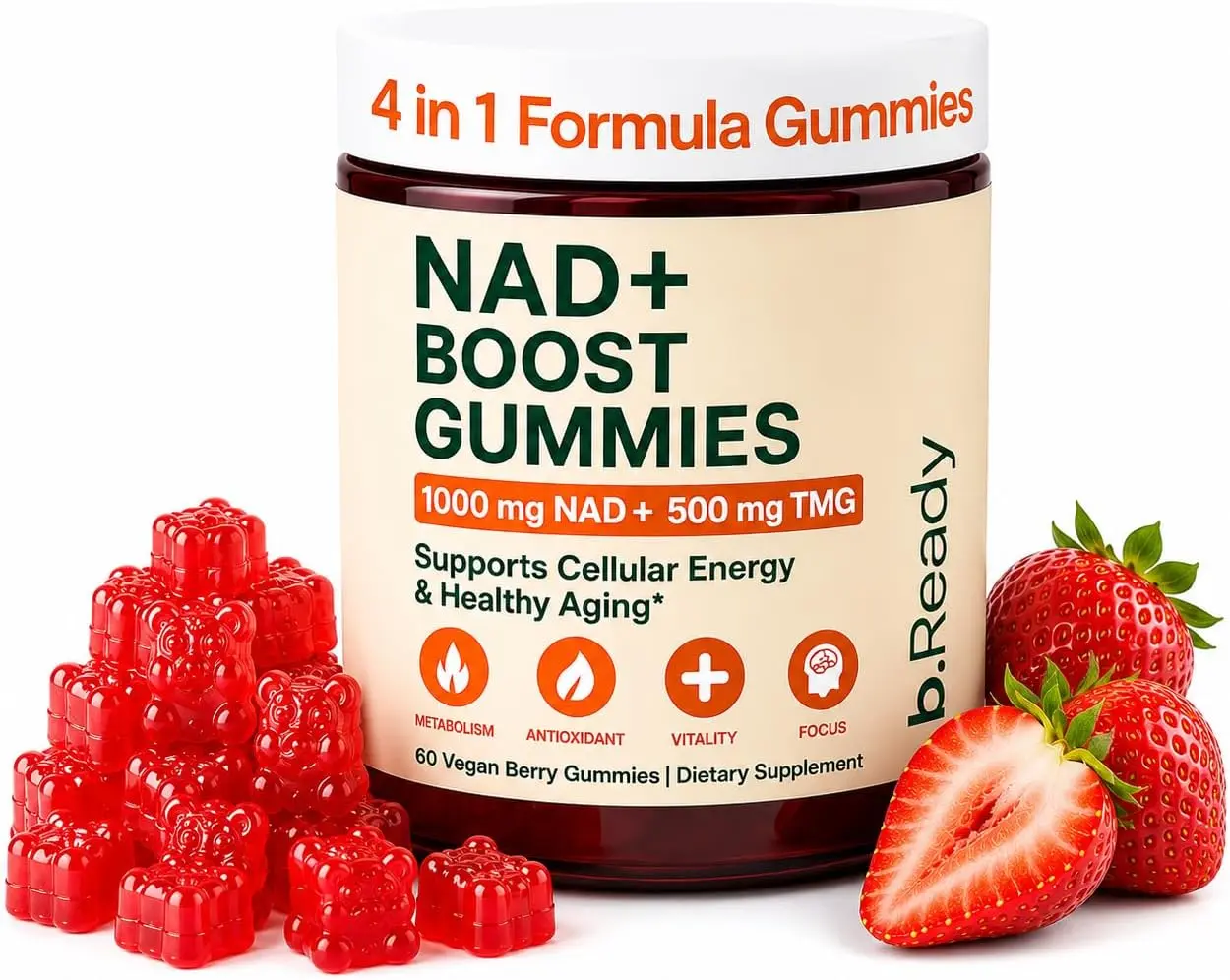 b.Ready NAD+ Strawberry Gummies, Premium 1000mg NAD Supplement with 500mg TMG, Grape Seed Extract & Black Pepper Extract, Vegan, Sugar-Free, 60 Gummies, Pack of 1, Pack of 2 & Pack of 3, Cellular Energy & Healthy Aging Support Healthcare Vitamin Fitness D