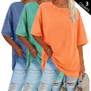 3-pack 230 g retro washed 100% cotton T-shirts — basic style women’s casual crew neck summer tops, loose fit, soft touch, breathable fabric that captures a summery vibe fathersdaygift