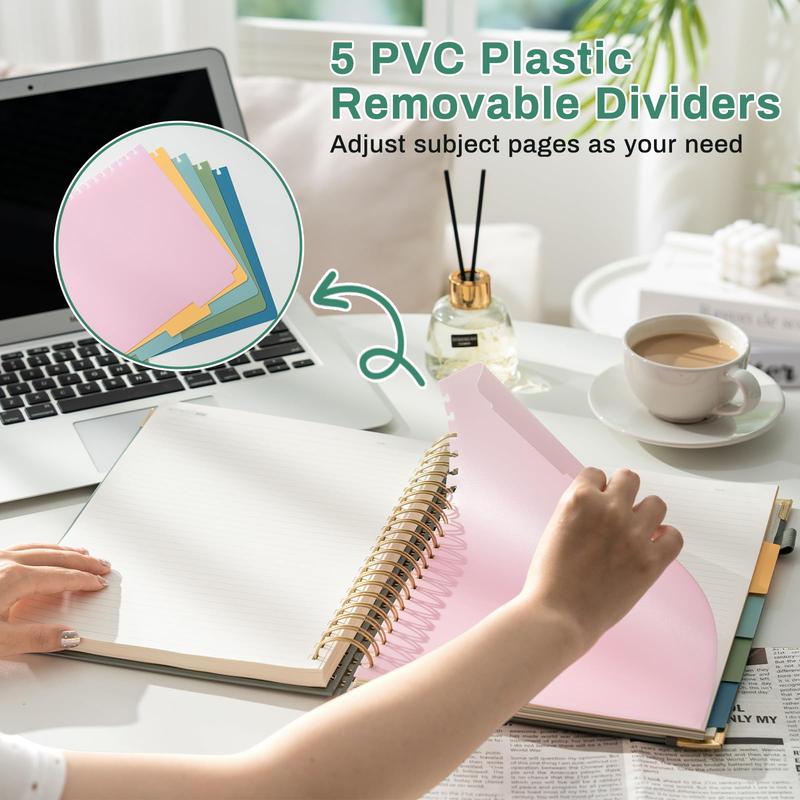 Hardcover Spiral Note Taking 5 Subject Notebook College Ruled with Dividers 240 Pages 100GSM Aesthetic Spiral Notebook for Work School Cute Journals for Women Writing