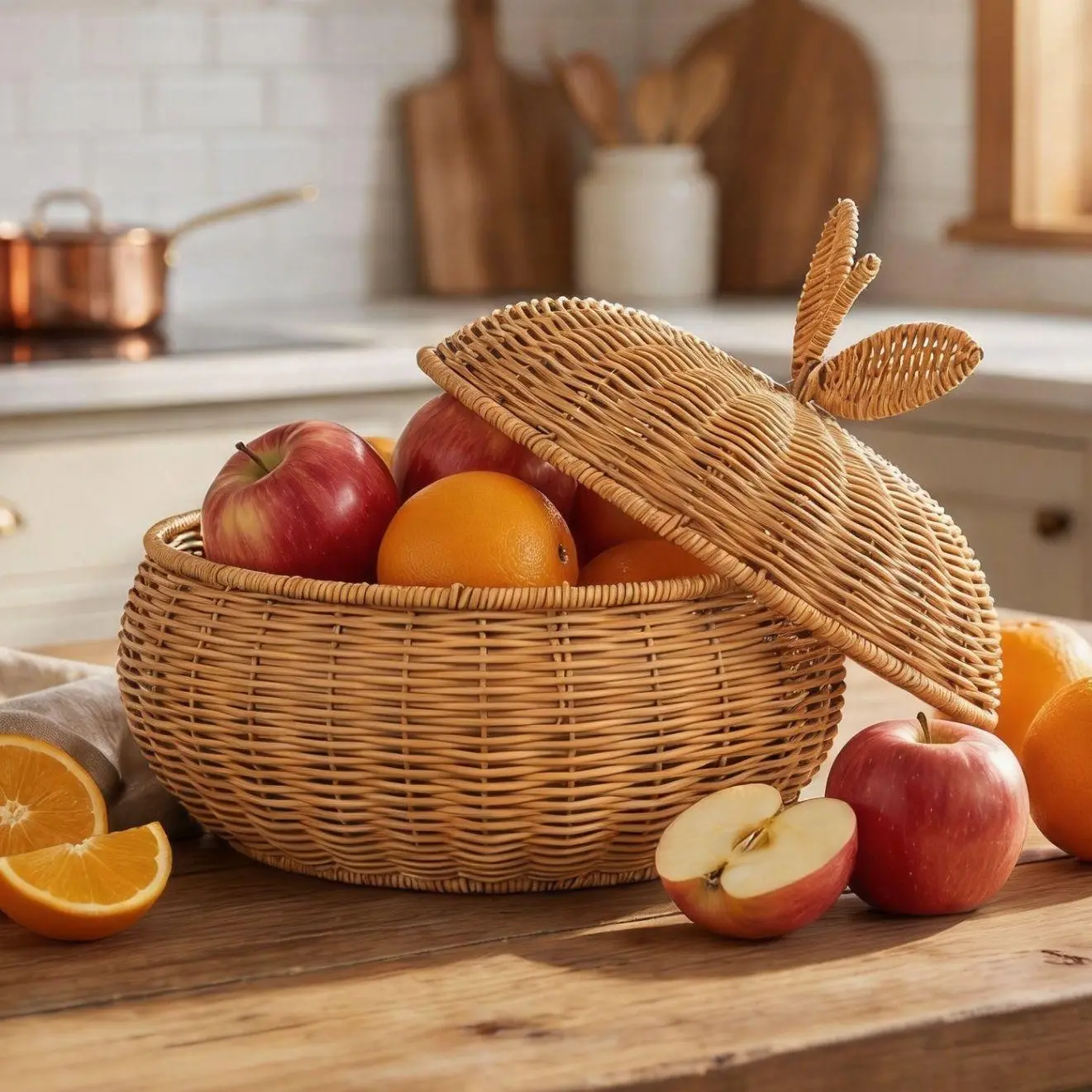 Plastic Rattan Handwoven Storage Bin with Lid - Woven Texture, Charming Fruit-Shaped Round Design, Waterproof, Moisture-Proof, Durable, Drop-Resistant, Easy-to-Clean Multifunctional Home Organizer for Storing Fruits