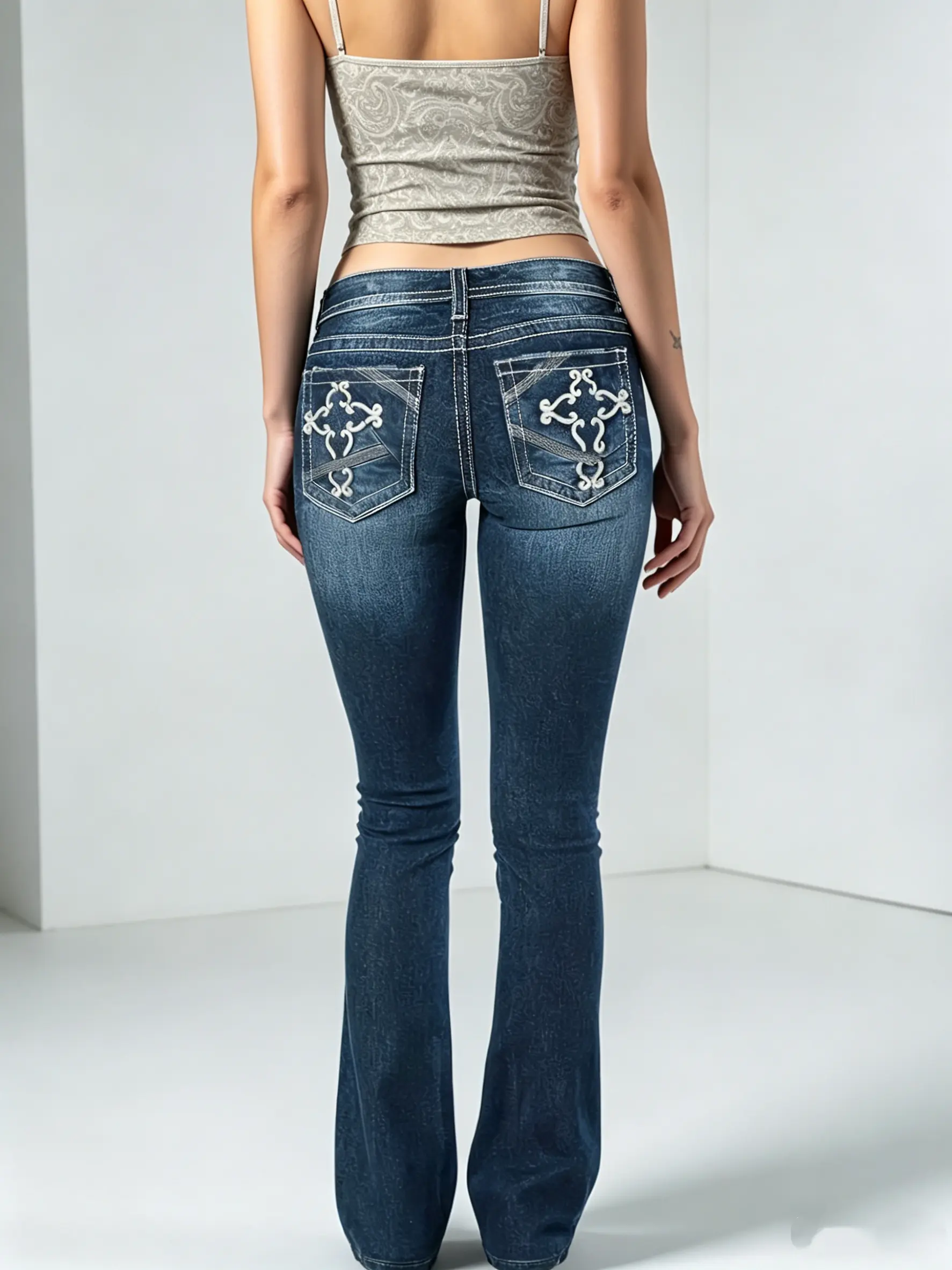 European and American women's stretch embroidered fashionable and personalized mid-rise jeans,INS, body-shaping, slimming, slightly flared long jeans