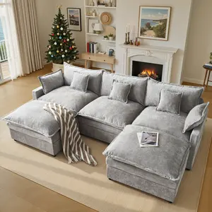 【2 Packages Shipping】108" U-Shaped Modular Sectional Sofa - Comfy Cloud 3-Seater with 2 Movable Ottoman, Cloud Sofa,Deep Seat Linen Couch for Living Room, Beige Color ,Comfort & Stylish Design, Chenille Camel