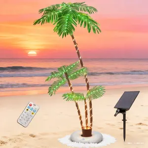 6ft Solar Lighted Palm Trees For Outside Patio, Bar Pool Deck Decorations Decor, Light Up LED Artificial Fake Tree Lights With 3 Trunks For Tropical Party Christmas, Artificial Plant,Artificial Trees,Shipped from the United States
