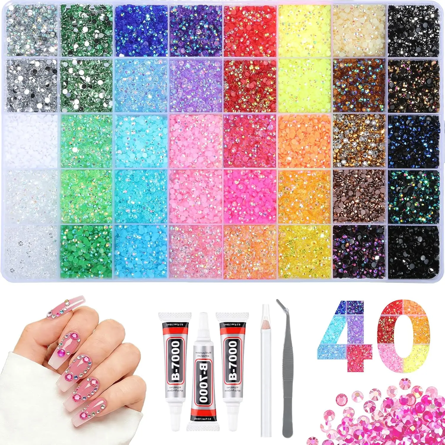 4mm Resin Rhinestones Bedazzling Kit (32000Pcs, 40 Colors) with B7000 Glue, Tweezers & Pickup Pen for Nail Art, DIY Crafts (Bedazzled Nail Decor, Craft Accessories)