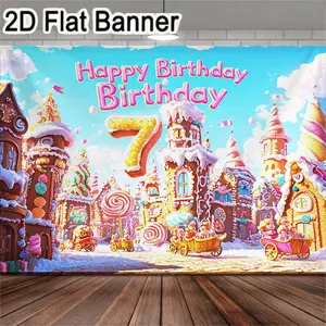2D flat banner, 1pcCandy Theme Happy Birthday Backdrop, Gingerbread Houses Lollipop Party Decorations for 7th Birthday