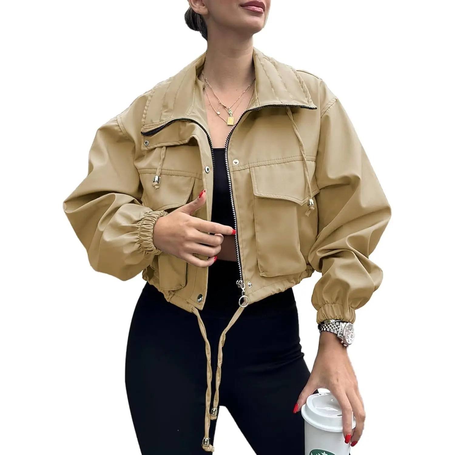 PASLTER Womens Cropped Jacket Zip Up Lightweight Oversized Utility Anorak Coat with Pockets