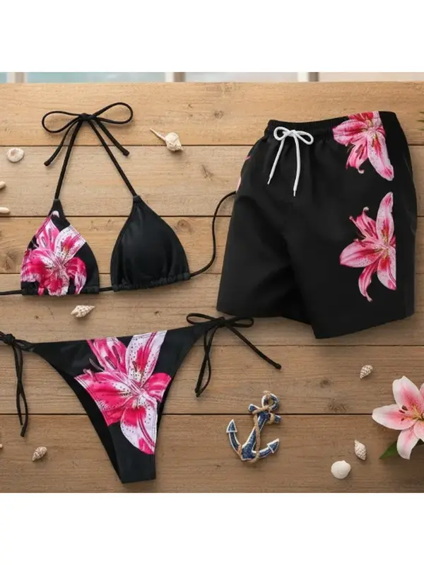 Matching Swimwear Set for Couples - Bra Bikini & Men's Beach Shorts, Stylish for Summer Vacation Gift For Him and Her #coupleswimwear#coupleoutfits