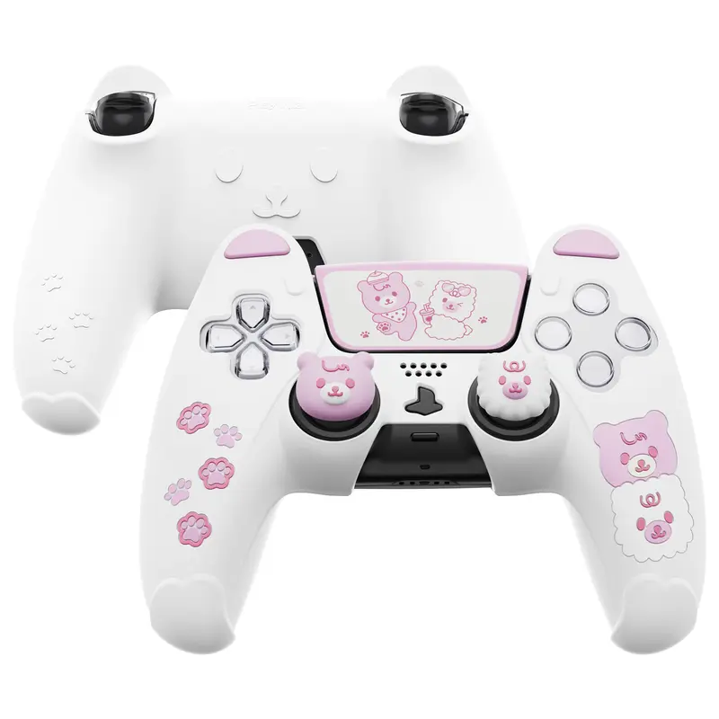 PlayVital Cute Bear Silicone Controller Case for PS5 - Kawaii Gaming Console Accessory with Charging Station Compatibility, Touch Pad Sticker, Thumb Grips, and Gamepad Protection Gaming Items Cover