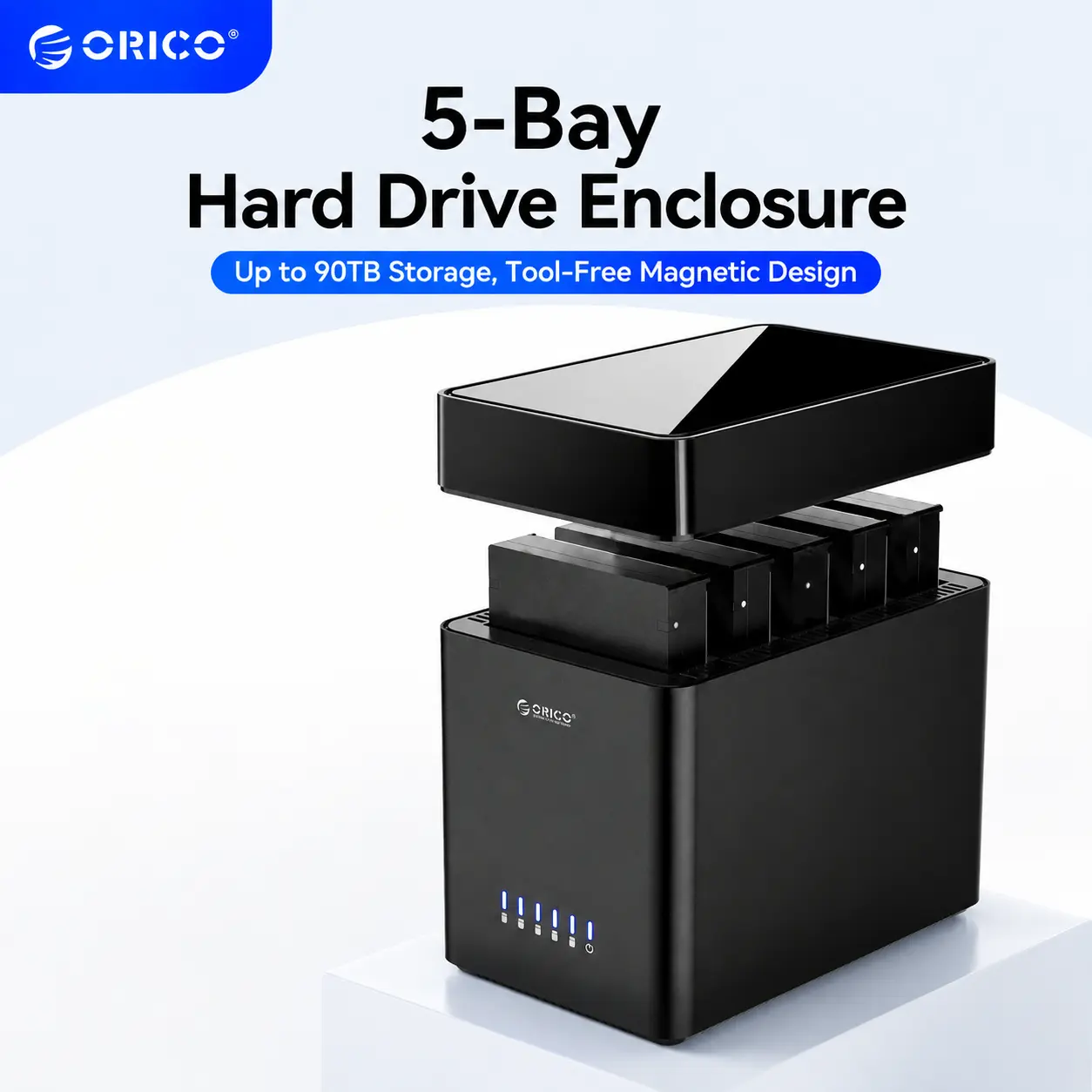 ORICO 5 Bay 3.5 Inch Hard Drive Enclosure USB C to SATA Magnetic Tool-Free External HDD Enclosure with 12V/6.5A Power Adapter for Family Storage Expansion Up to 90TB(5x18) - DS500C3