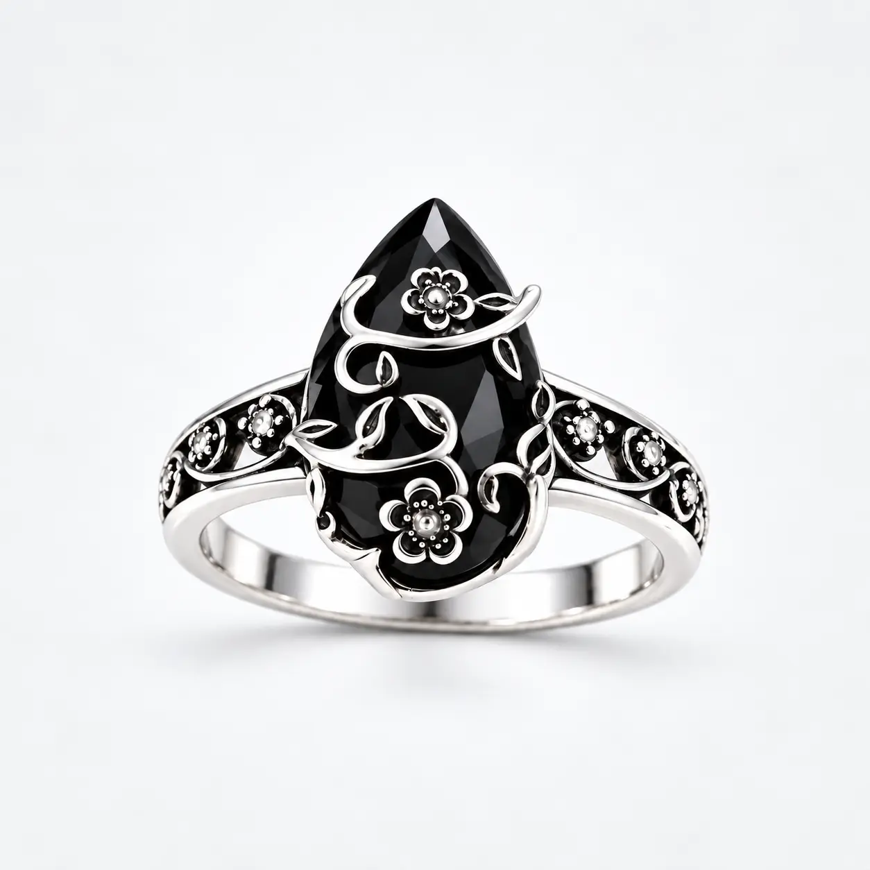 Women's Black Obsidian Ring - Vintage Floral Design, Elegant Crystal Statement Jewelry for Daily Wear, Birthday Gift