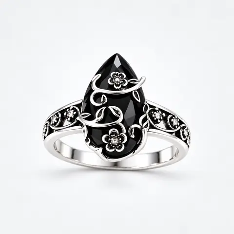 Women's 925 Sterling Silver Black Obsidian Ring - Vintage Floral Design, Elegant Crystal Statement Jewelry for Daily Wear, Birthday Gifts