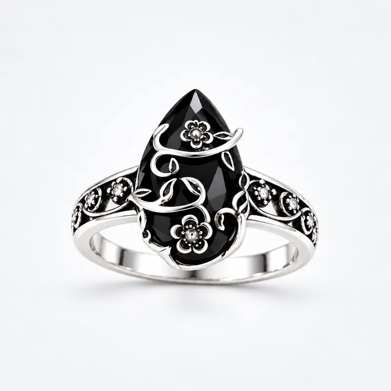 Women's 925 Sterling Silver Black Obsidian Ring - Vintage Floral Design, Elegant Crystal Statement Jewelry for Daily Wear, Birthday Gifts