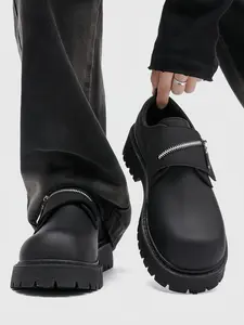 Unisex Trendy Zipper Tech Shoes: Metallic Zipper Buckle, Matte Black Finish, Height Boost Platform. For Daily Outings/Stylish Looks