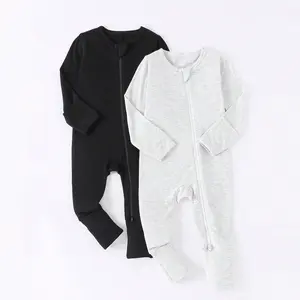 JUNBLEBABY Baby Girl 2pcs/Set Bamboo Fiber Ribbed Zipper Jumpsuit Soft Breathable Skin-Friendly Highly Elastic Long Sleeve & Long Pants Double-Ended Zipper Coverall With Foldable Sleeve & Foot Covers
