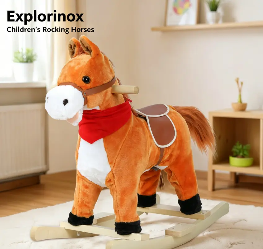 Explorinox Kids Rocking Horse Toy, Plush Ride-On Animal with Wooden Rockers, Musical Sound Feature, Ages 1-6