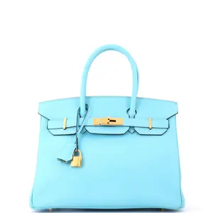 Pre-owned HERMÈS Leather Top Handle Bags Hermes Birkin Handbag Bleu Atoll Epsom with Gold Hardware 30 by Rebag