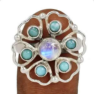 Natural Rainbow Moonstone - India & Larimar 925 Silver Ring STS1 s.8 CR67995