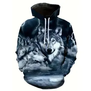 S-5XL Men's Wolf & Full Moon 3D Print Hooded Sweatshirt - Grey Wolf Howling Back Design, Winter Warm Pullover with Pockets, White Wolf Pack Animal Pattern Hoodie for Outdoor & Casual Wear