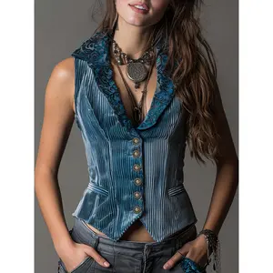 Retro Striped Velvet Satin Retro Collar Slim Vest Waistcoat
