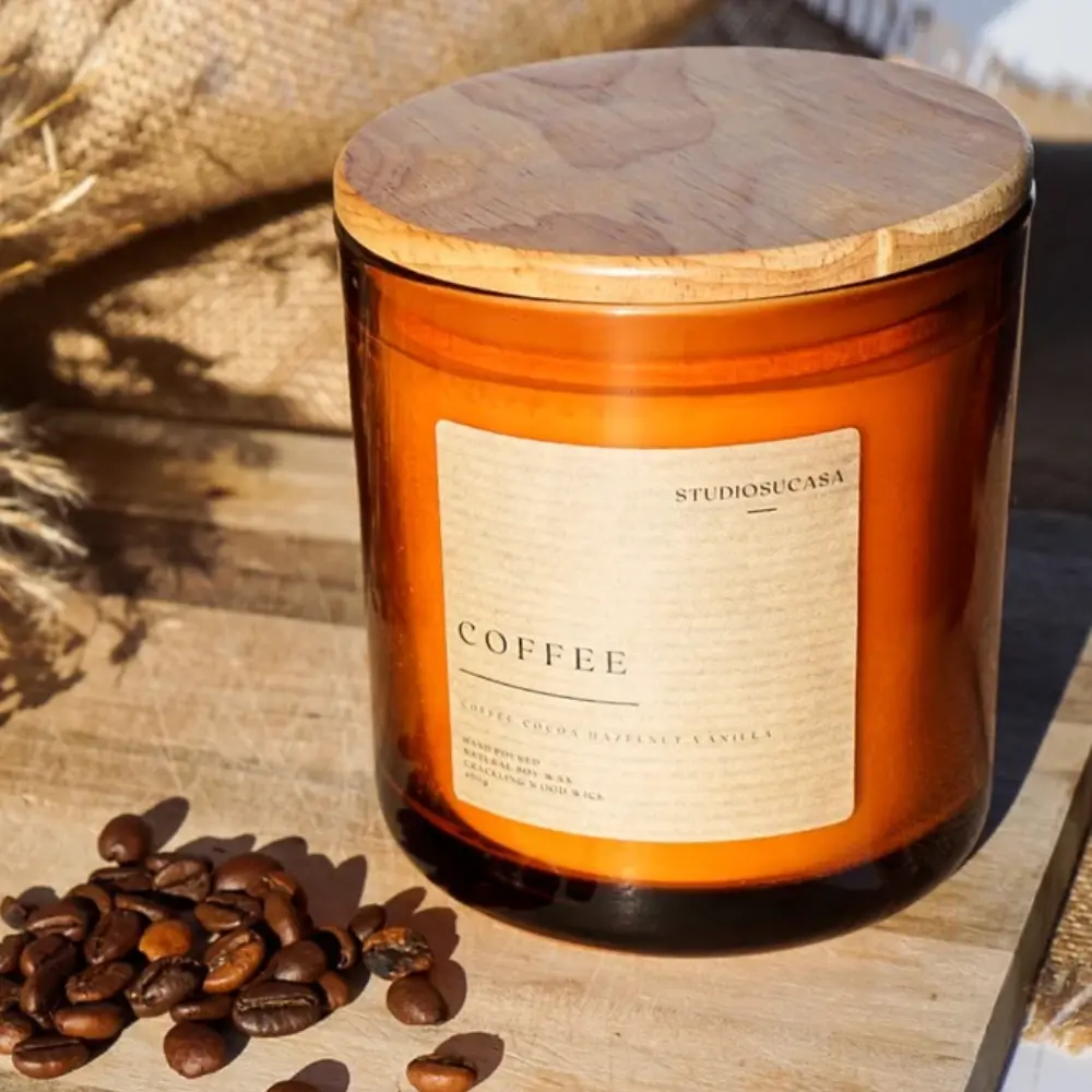 Coffee Wood Wick Candle With Wooden Lid Decor Fragrance
