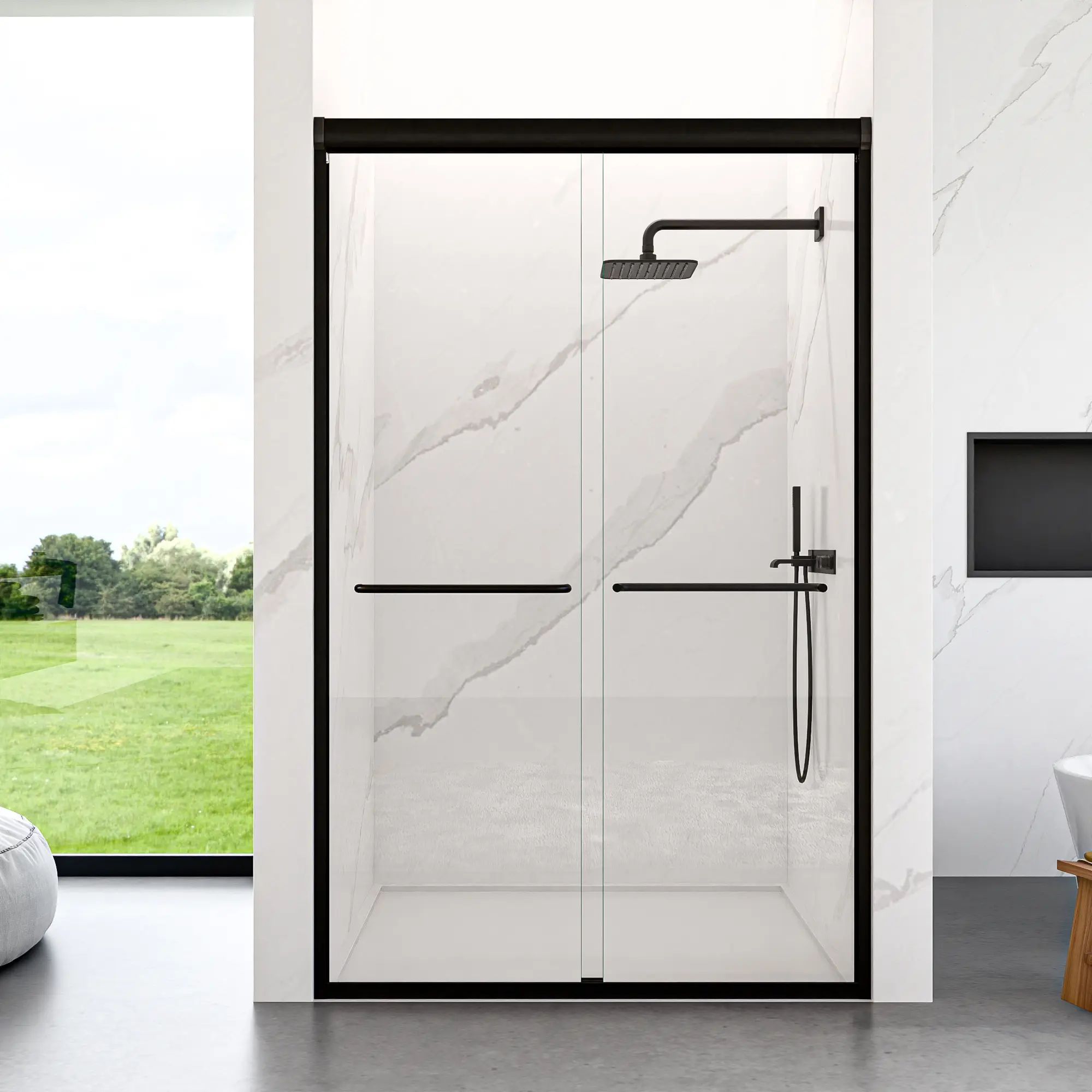 44-48 Inch W x 72 Inch H Semi-Frameless Double Sliding Bypass Shower Door with 1/4 Inch (6mm) SGCC Tempered Clear Glass and Matte Black Finish for Modern Bathroom Enclosure, Bathtub Shower Door, Walk-In Shower Room, Bathroom Shower Door