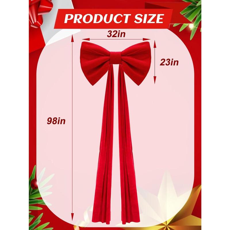 Giant Christmas Tree Topper Velvet Bow Decorations - 32x98in Large Plump & Structured Bows with Pearl Cotton Fill, Red Bow with Long Streamers for Indoor 6–7ft Christmas Tree Window Wall Decor