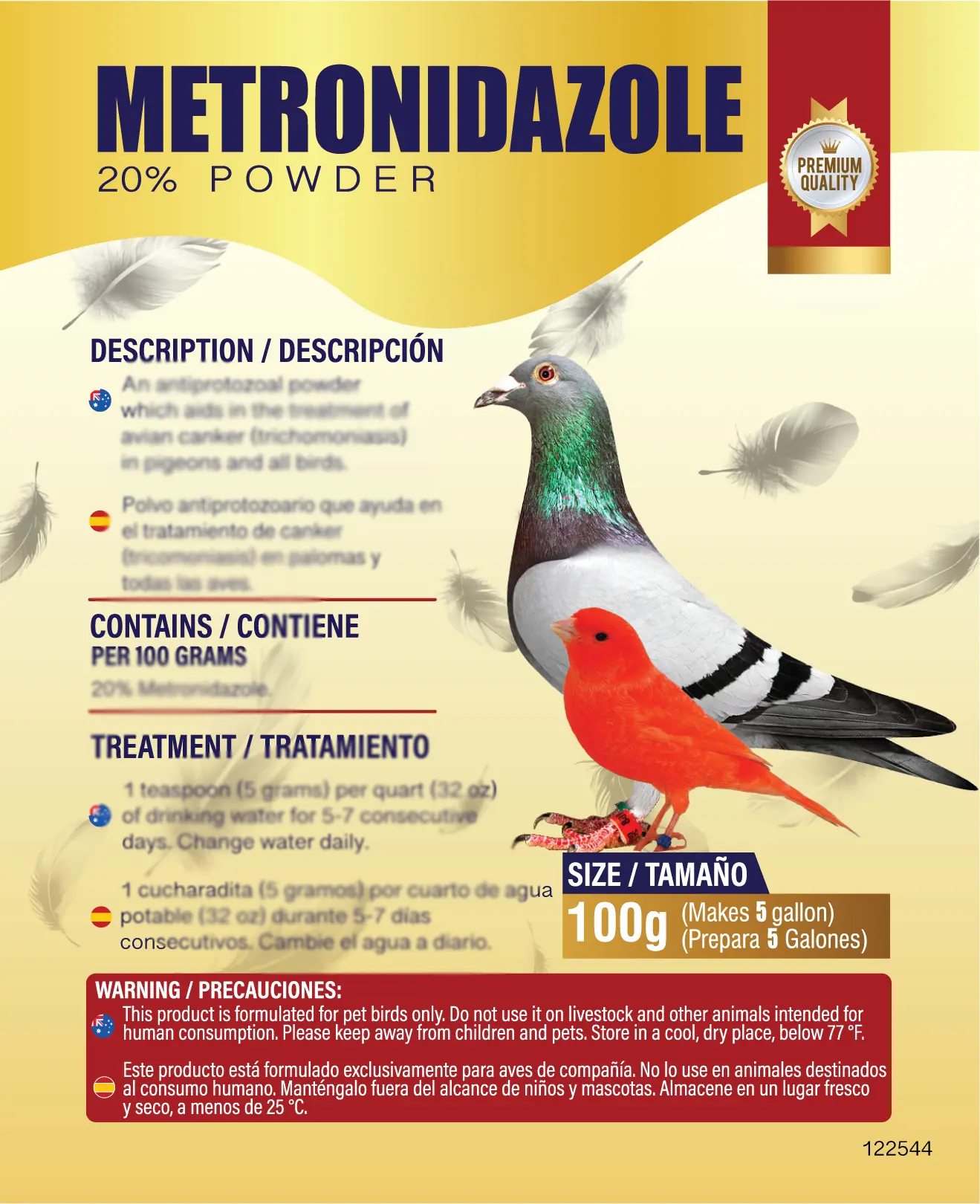 METRONIDAZOLE Bird Healthcare Supplement 100g - Immune Booster for Pigeons, Easy-Use Avian Pet Health Maintenance Aid with Feeding Compatibility