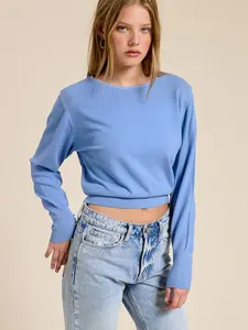 Cashmere Blend Ribbed Yoke Sweater - Casual Women's Knitwear Top with Ribbed Texture & Versatile Styling Options