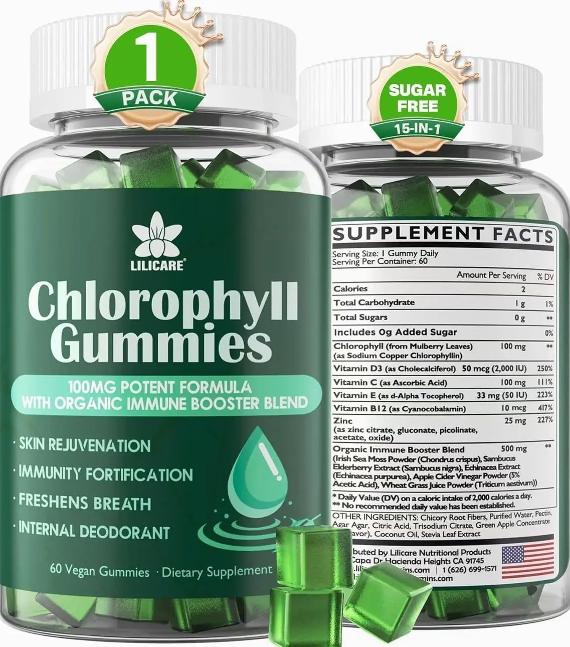 Chlorophyll Gummies - Super Green with Wheat Grass, Sea Moss, Unfiltered ACV & Elderberry, Echinacea, Zinc Complex & Vitamin D3, C, E, B12 for Natural Deodorant, Immune & Digestion Support, 60 Chews