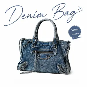 2026 New Washed Denim Moto Satchel, Studded Punk-Style Crossbody & Hand Tote, Edgy Unisex Streetwear Bag Fashionable Plaid Shoulder