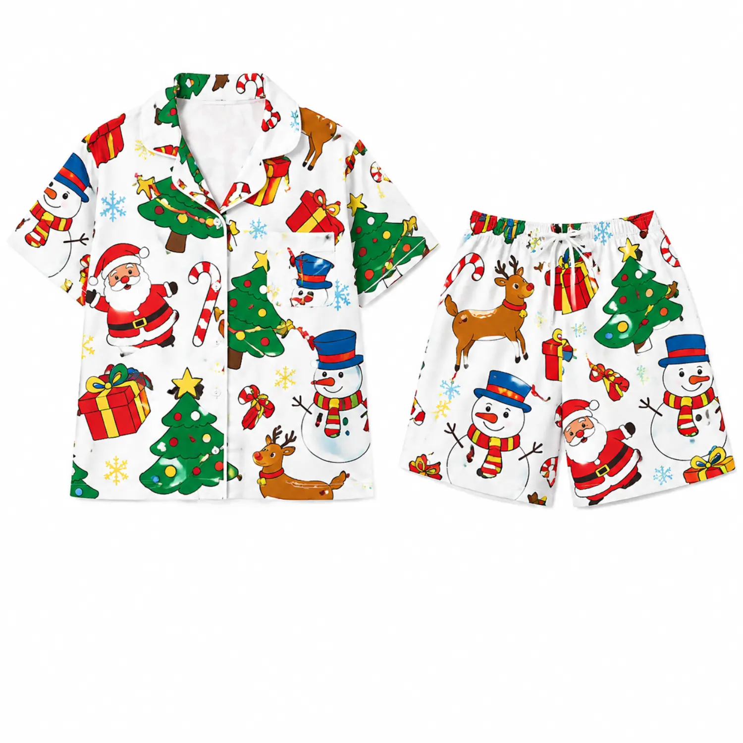 Christmas Print Short Sleeve Button Pajama Set for Women, Festive Holiday Sleepwear with Santa, Snowman, Reindeer and Tree Pattern