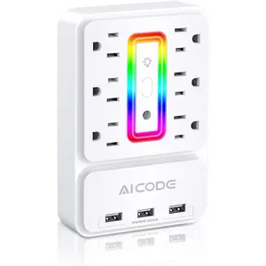 Multi Plug Outlet Extender,Aicode 6 Outlet Surge Outlet Protector with 3 USB Charger(3.2A Total),Wall Outlet Plug Electrical Outlet with 6 Ambient RGB Light , Plug Extender for Home,Office,Dorm,Hotel AICODE