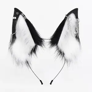 Gothic Faux Fur Ear Headband with Metal Chain – Punk Style Cosplay Accessory for Parties & Festivals