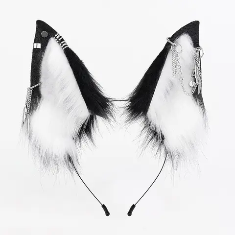 Fluffy Fox Ears Headband with Chain, Gothic Punk Faux Fur Animal Ears for Cosplay, Halloween & Festivals