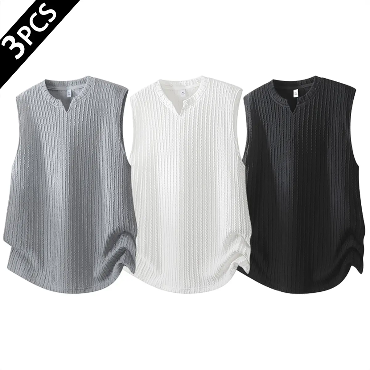 Men's 3-Pack Ribbed V-Neck Sleeveless Vests - Casual Vests, Assorted Colored, Backless, Basic Shoulder, Cropped, Loose Fit with Vertical Textured Fabric, Suitable for Gym, Daily Wear, Menswear Tops, Assorted Colored Vests