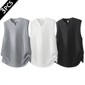 Men's 3-Pack Sleeveless V-Neck Vests, Vertical Ribbed Textured Fabric, Loose Fit Tank Tops, Suitable for Streetwear, Daily Wear, Gym, Lounging, Summer, and All Seasons
